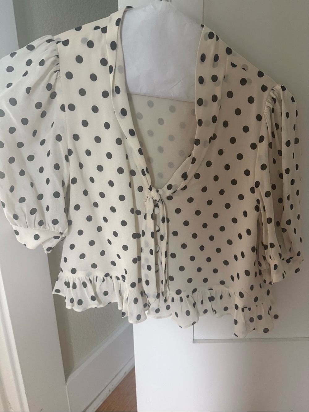 Reformation Cream Blouse with Black Polka Dots